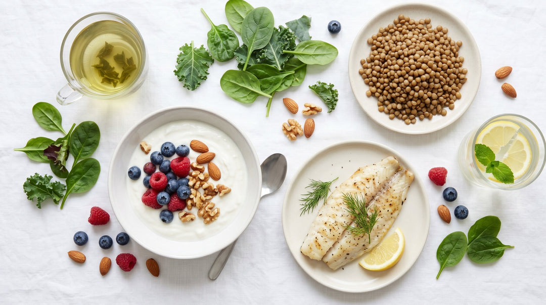 Lebensmittel zum Abnehmen wie Gemüse, Beeren, Fisch und Hülsenfrüchte