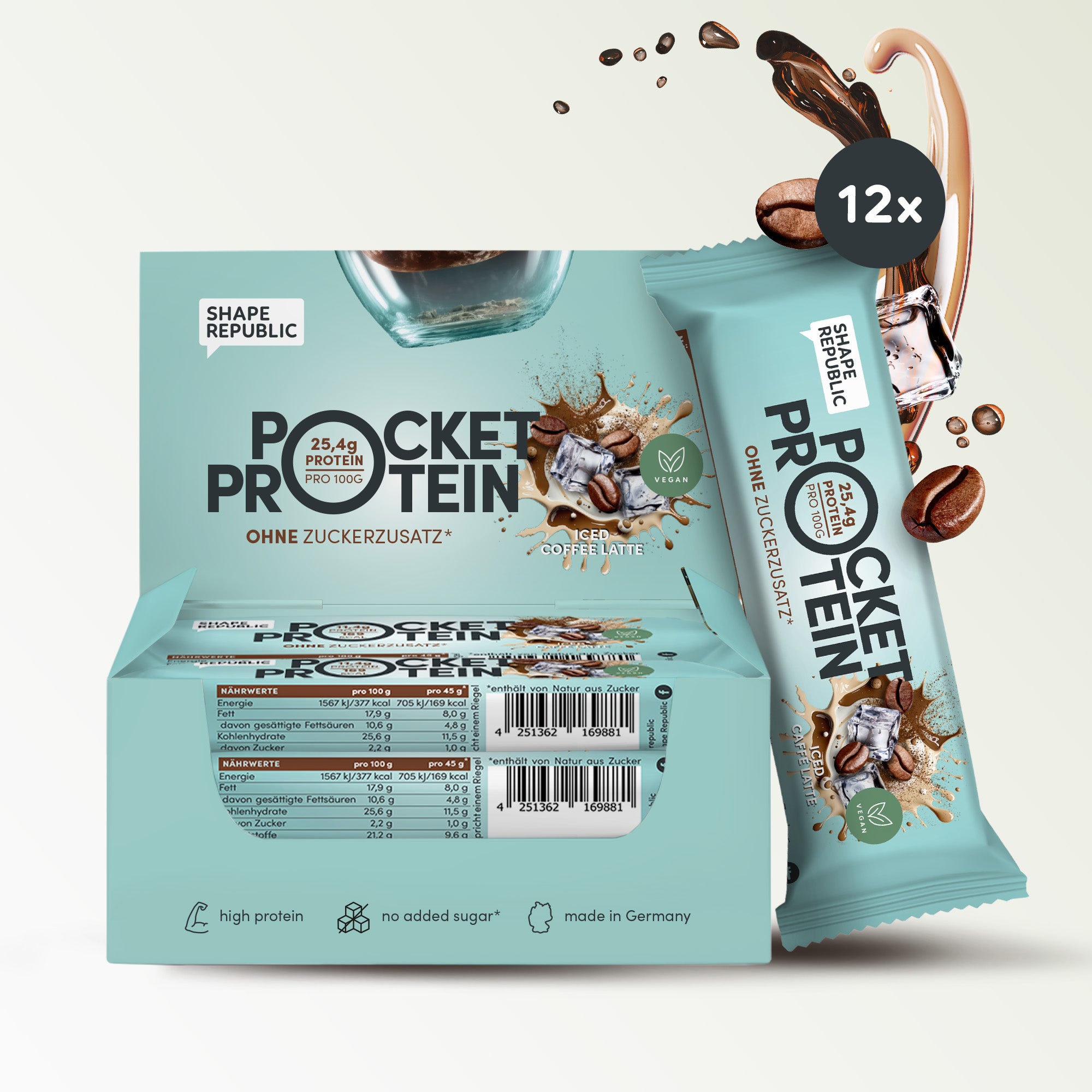 Pocket Protein Riegel | Iced Caffé Latte| Shape Republic (12 x 45 g)